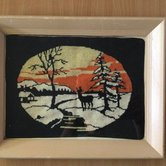 Vintage needlepoint needlework embroidery hand craft deer trees solid wood frame - Picture 1 of 3